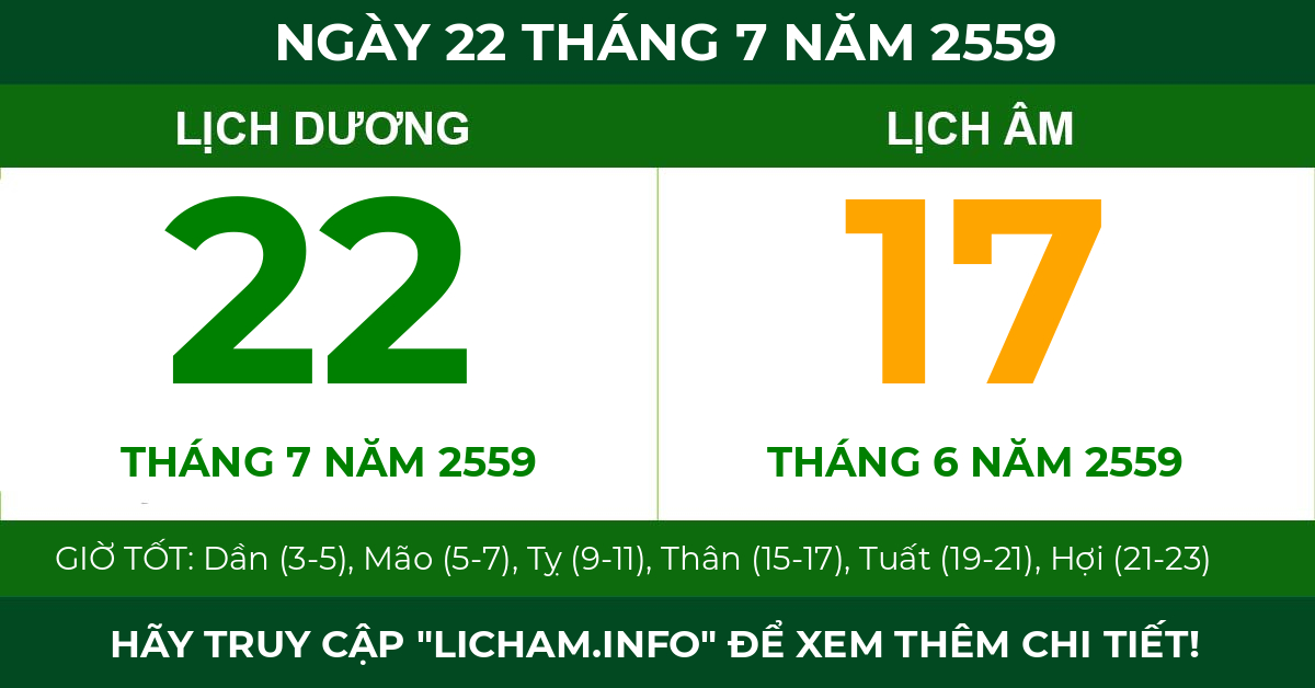 lịch âm ngày 22 tháng 7 năm 2559