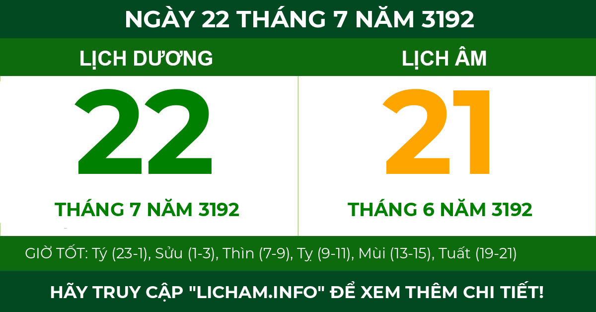 lịch âm ngày 22 tháng 7 năm 3192