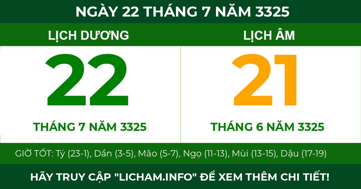 lịch âm ngày 22 tháng 7 năm 3325