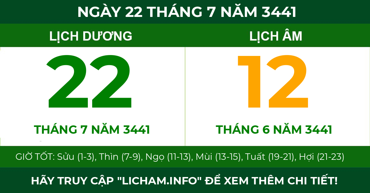 lịch âm ngày 22 tháng 7 năm 3441