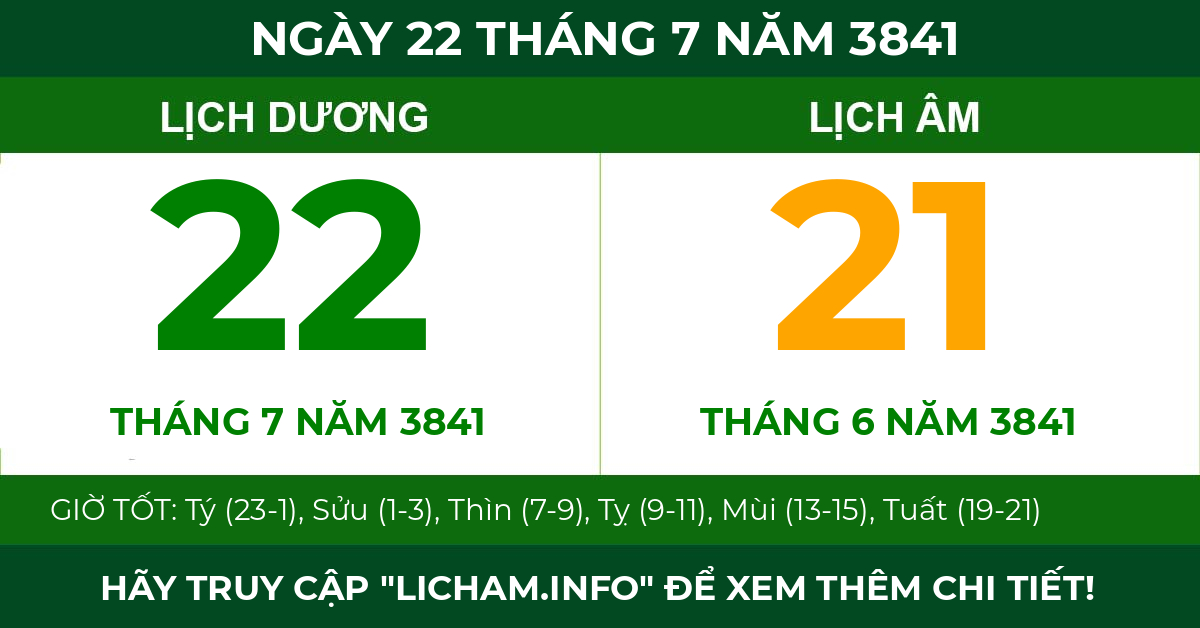 lịch âm ngày 22 tháng 7 năm 3841