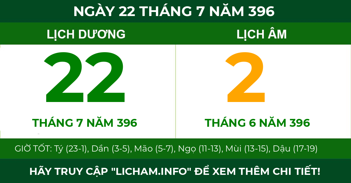 lịch âm ngày 22 tháng 7 năm 396