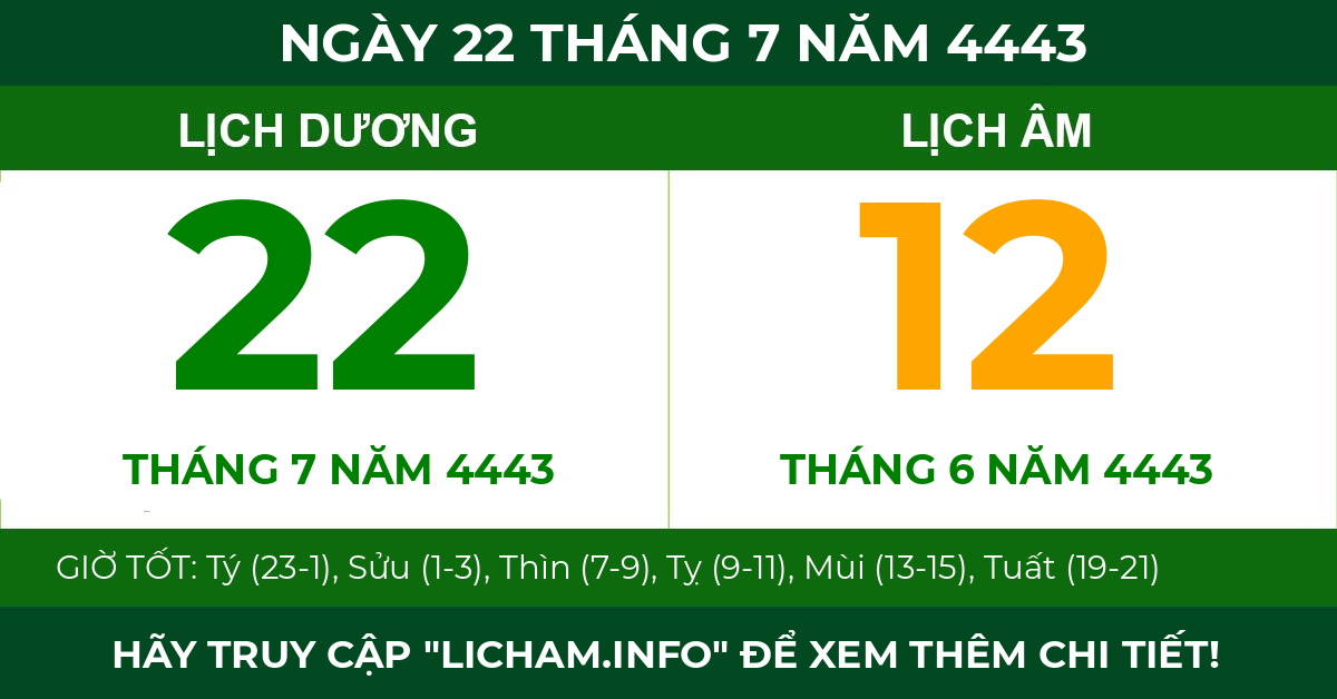 lịch âm ngày 22 tháng 7 năm 4443