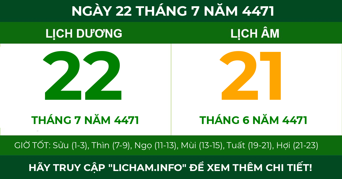 lịch âm ngày 22 tháng 7 năm 4471