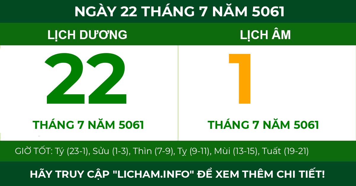lịch âm ngày 22 tháng 7 năm 5061