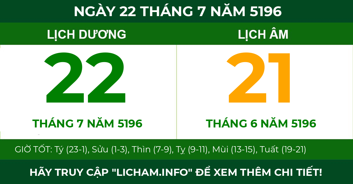 lịch âm ngày 22 tháng 7 năm 5196