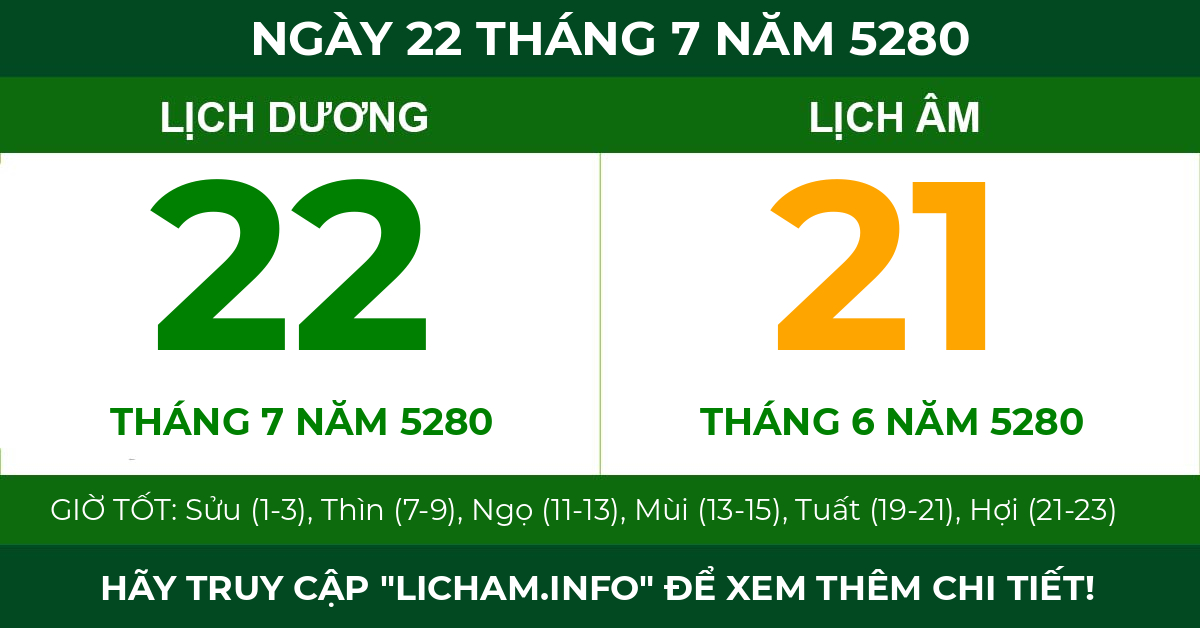 lịch âm ngày 22 tháng 7 năm 5280