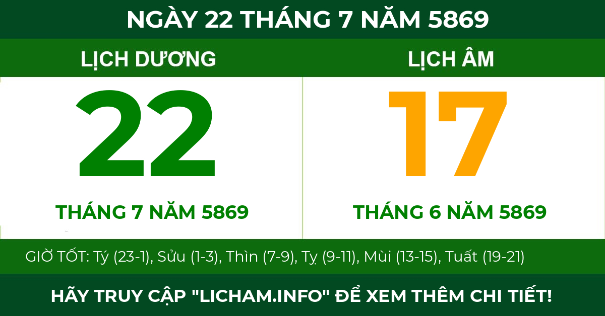 lịch âm ngày 22 tháng 7 năm 5869