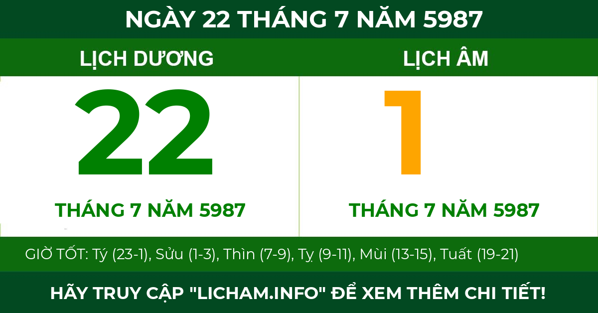 lịch âm ngày 22 tháng 7 năm 5987
