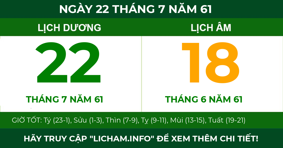 lịch âm ngày 22 tháng 7 năm 61