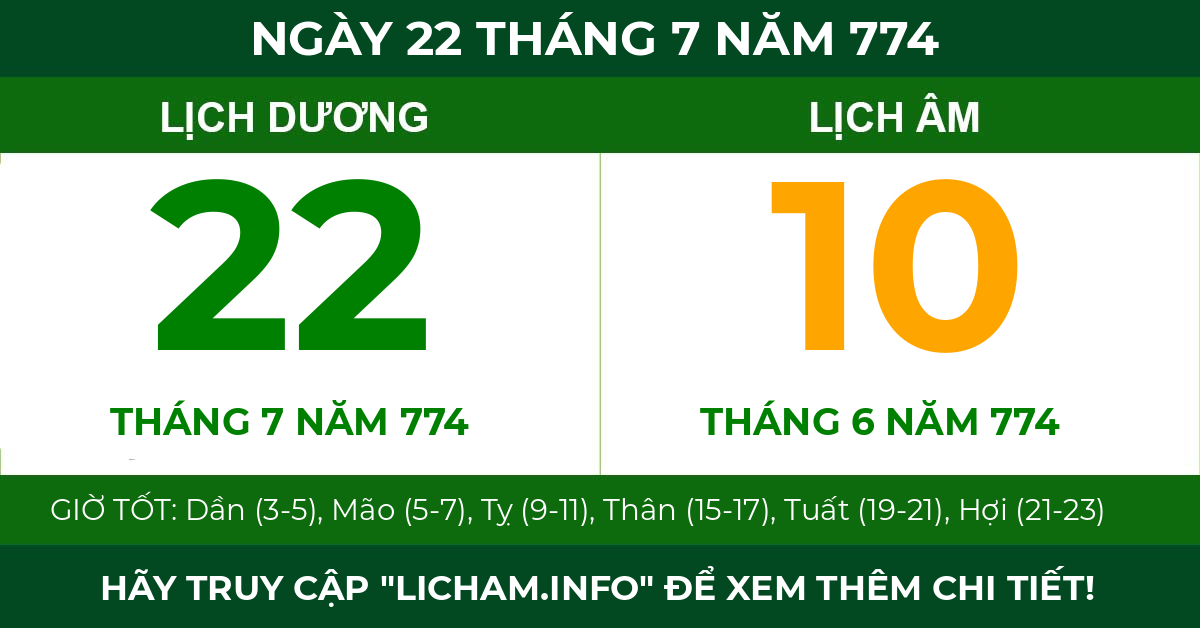 lịch âm ngày 22 tháng 7 năm 774