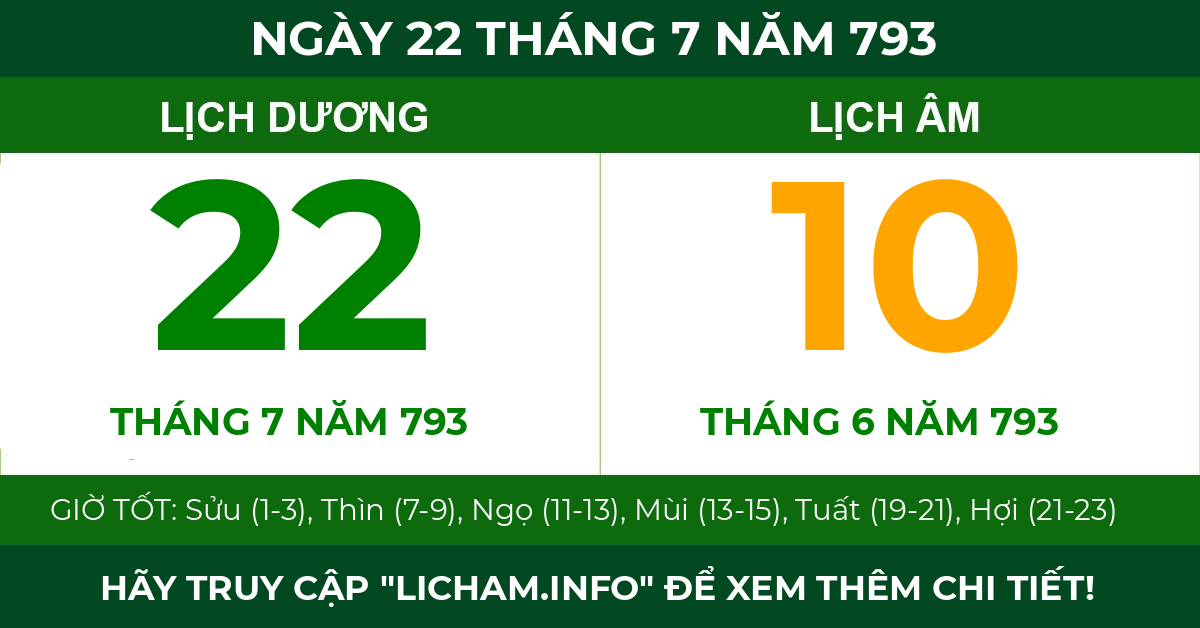lịch âm ngày 22 tháng 7 năm 793