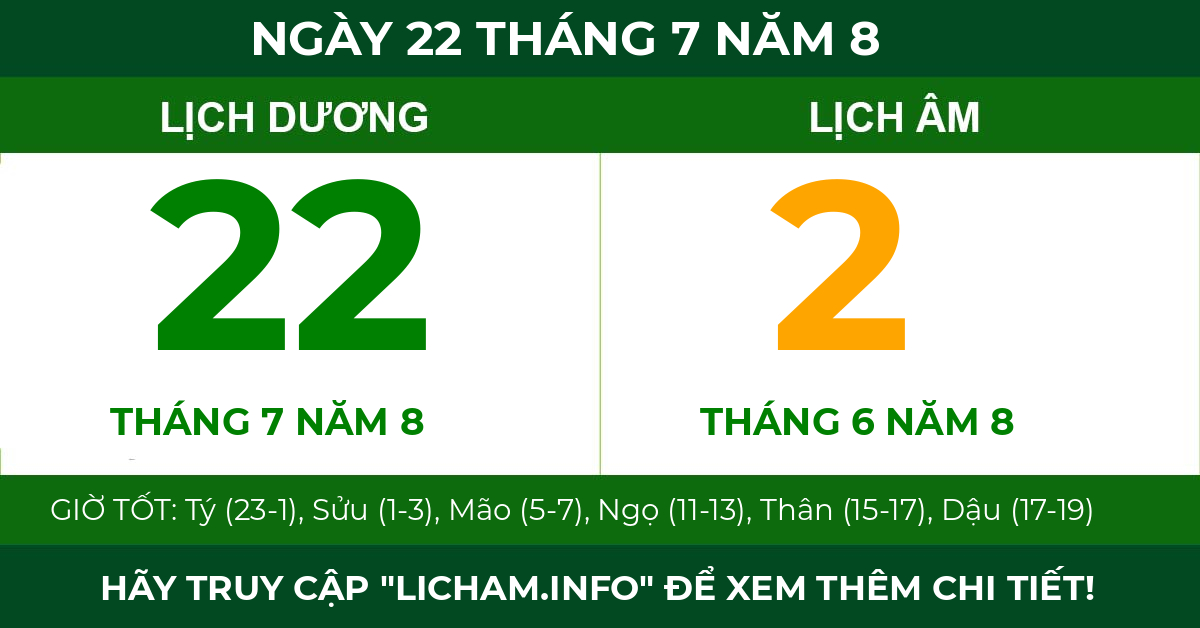 lịch âm ngày 22 tháng 7 năm 8