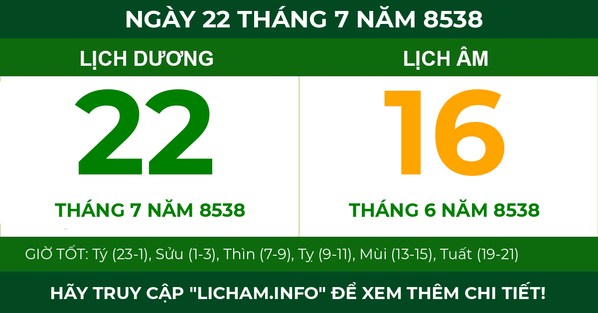 lịch âm ngày 22 tháng 7 năm 8538