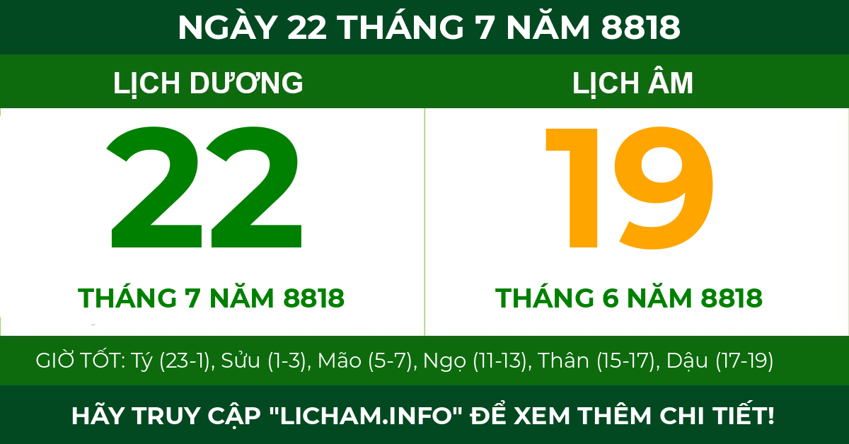 lịch âm ngày 22 tháng 7 năm 8818