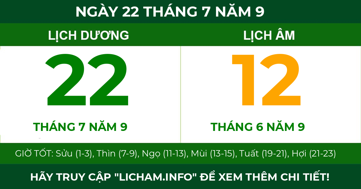 lịch âm ngày 22 tháng 7 năm 9