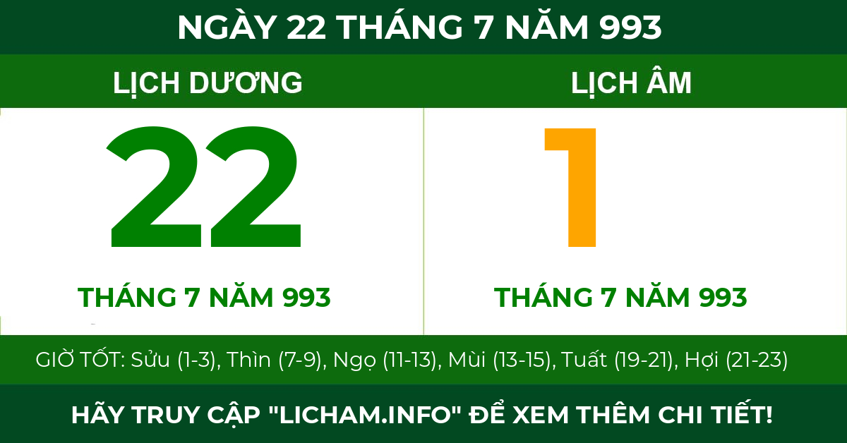 lịch âm ngày 22 tháng 7 năm 993
