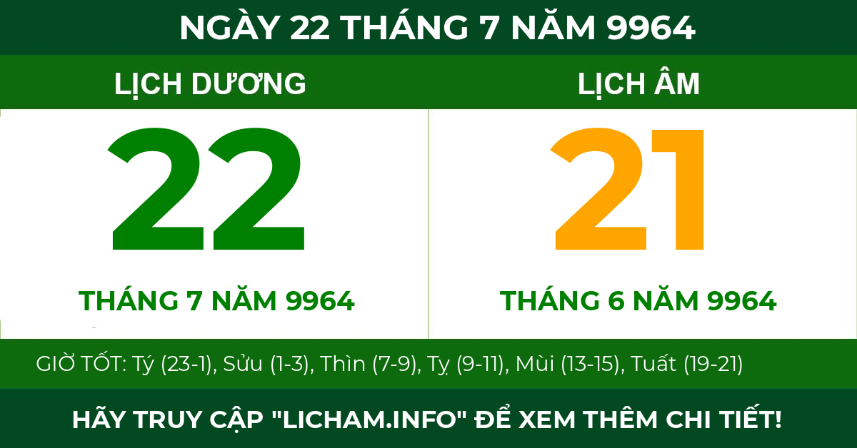 lịch âm ngày 22 tháng 7 năm 9964