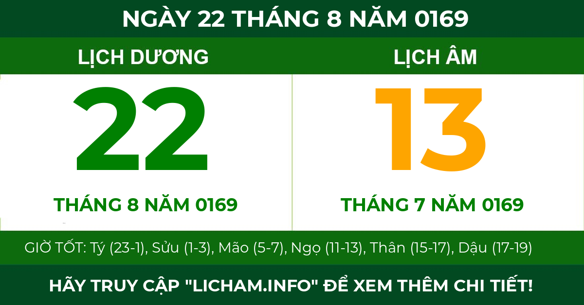 lịch âm ngày 22 tháng 8 năm 0169