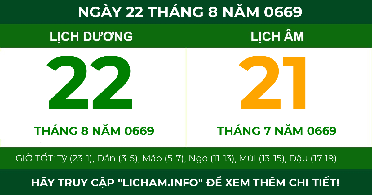 lịch âm ngày 22 tháng 8 năm 0669
