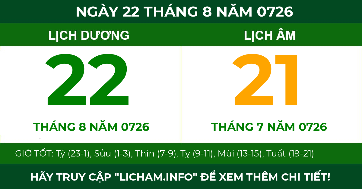lịch âm ngày 22 tháng 8 năm 0726