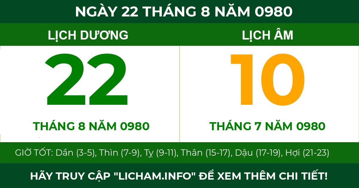 lịch âm ngày 22 tháng 8 năm 0980