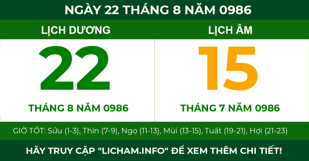 lịch âm ngày 22 tháng 8 năm 0986