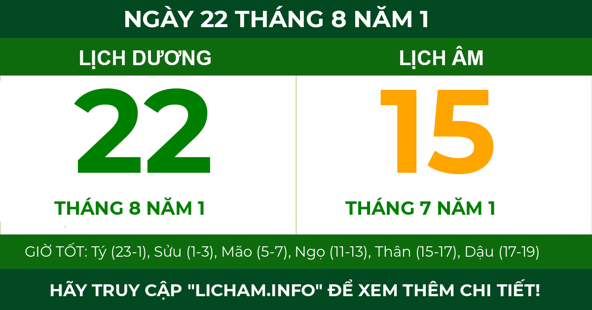 lịch âm ngày 22 tháng 8 năm 1