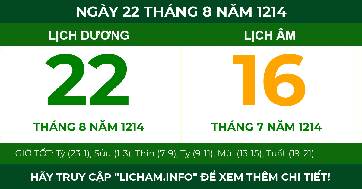 lịch âm ngày 22 tháng 8 năm 1214