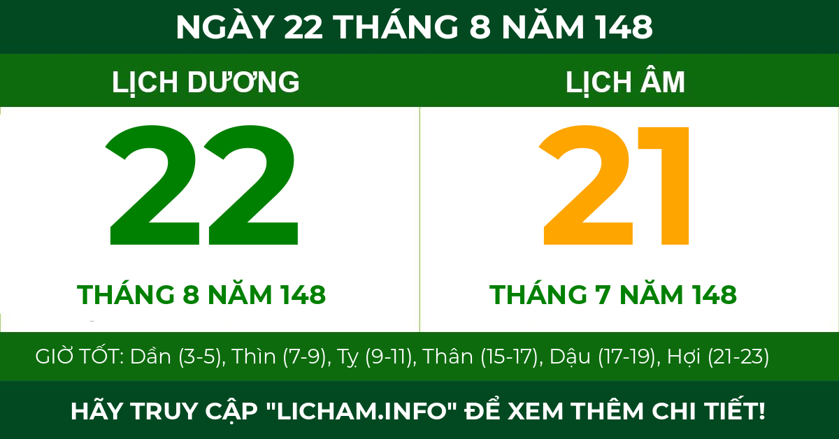 lịch âm ngày 22 tháng 8 năm 148