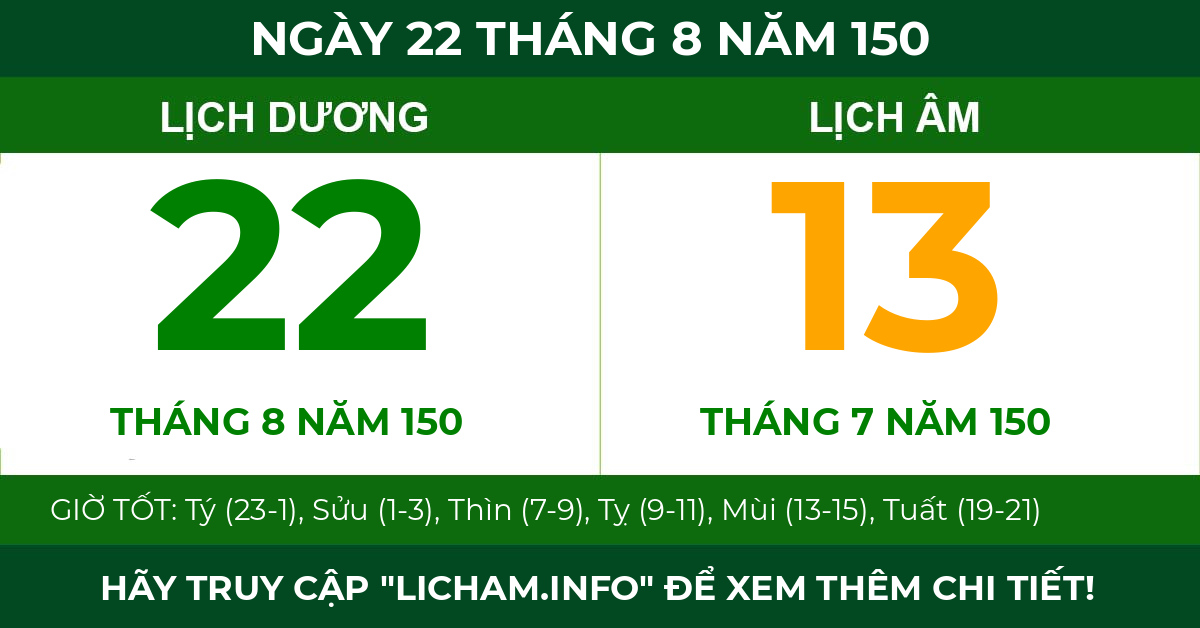 lịch âm ngày 22 tháng 8 năm 150