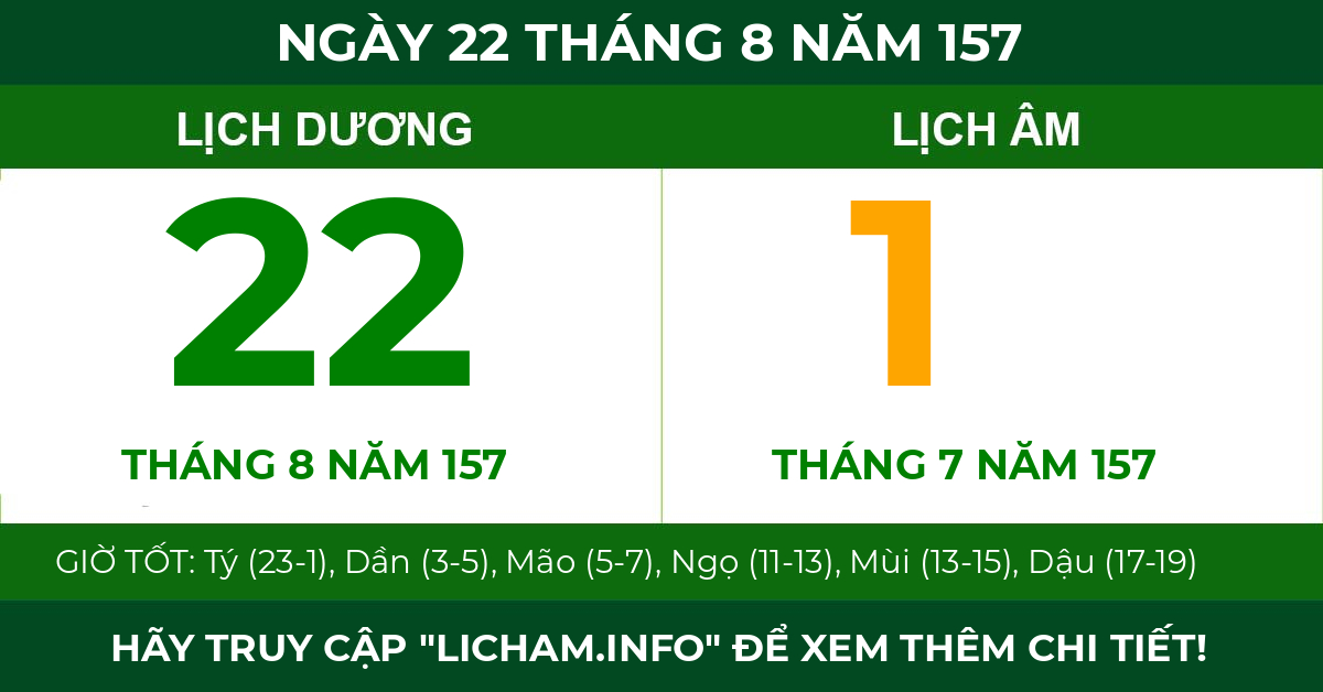 lịch âm ngày 22 tháng 8 năm 157
