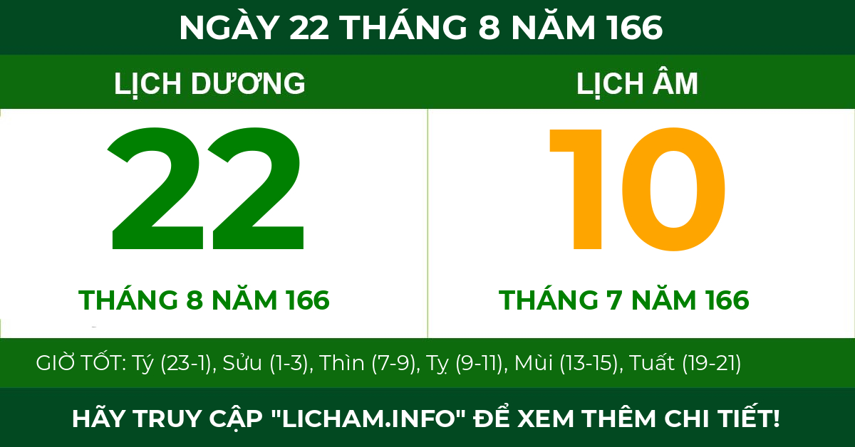 lịch âm ngày 22 tháng 8 năm 166
