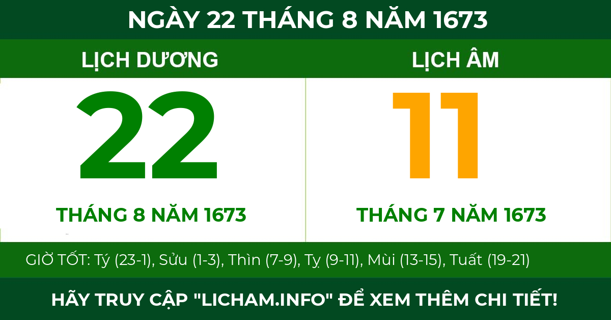 lịch âm ngày 22 tháng 8 năm 1673