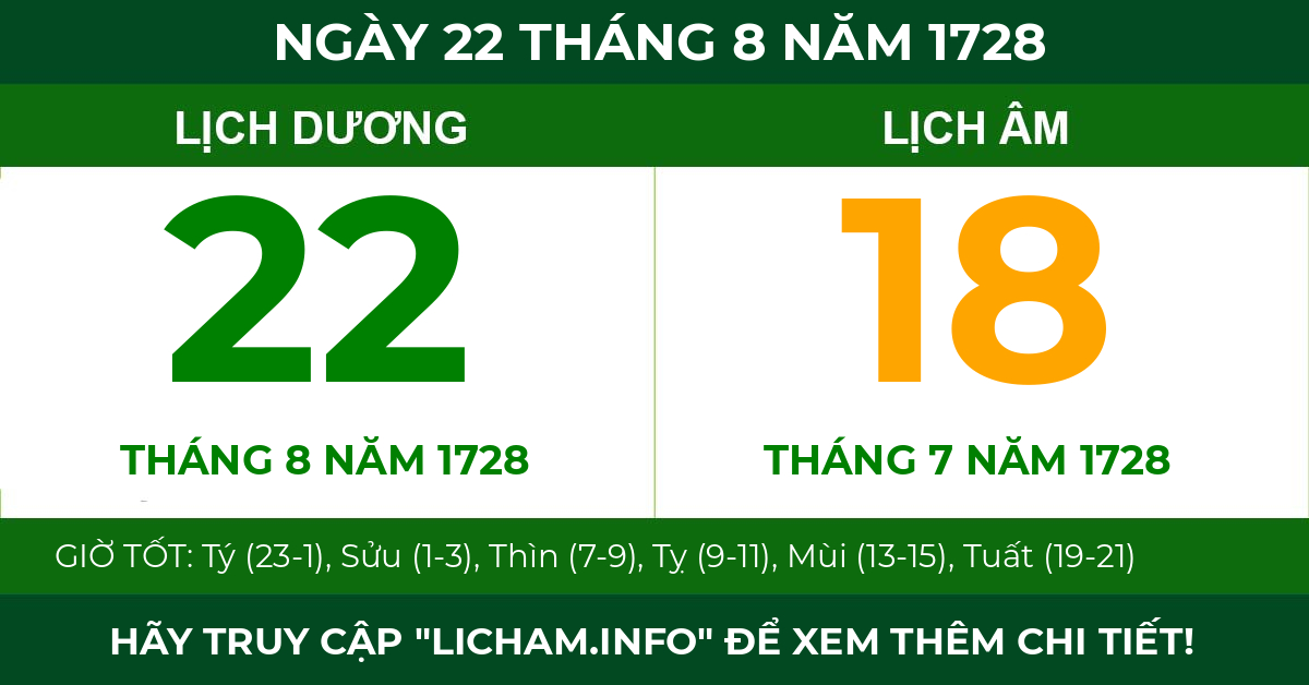 lịch âm ngày 22 tháng 8 năm 1728