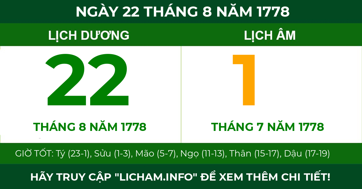 lịch âm ngày 22 tháng 8 năm 1778