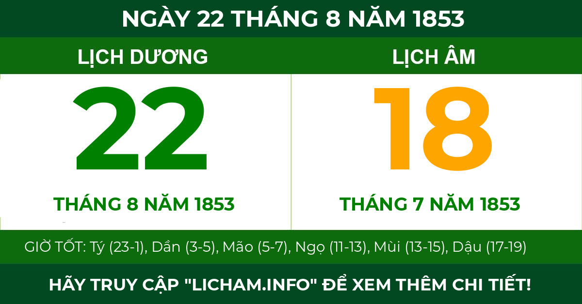 lịch âm ngày 22 tháng 8 năm 1853