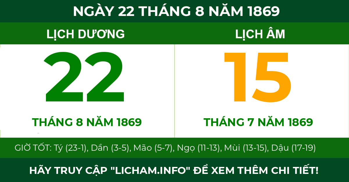 lịch âm ngày 22 tháng 8 năm 1869