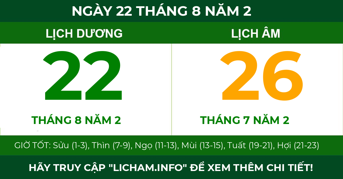lịch âm ngày 22 tháng 8 năm 2