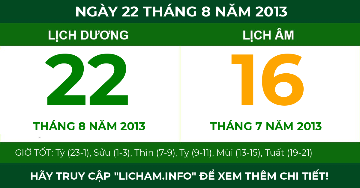 lịch âm ngày 22 tháng 8 năm 2013