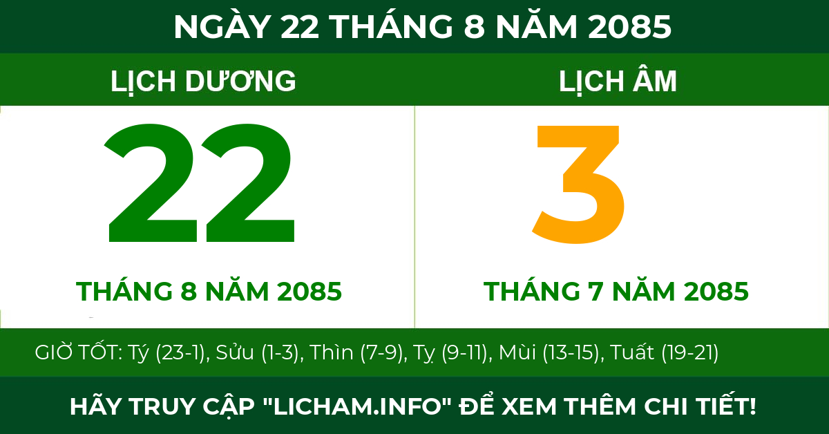 lịch âm ngày 22 tháng 8 năm 2085