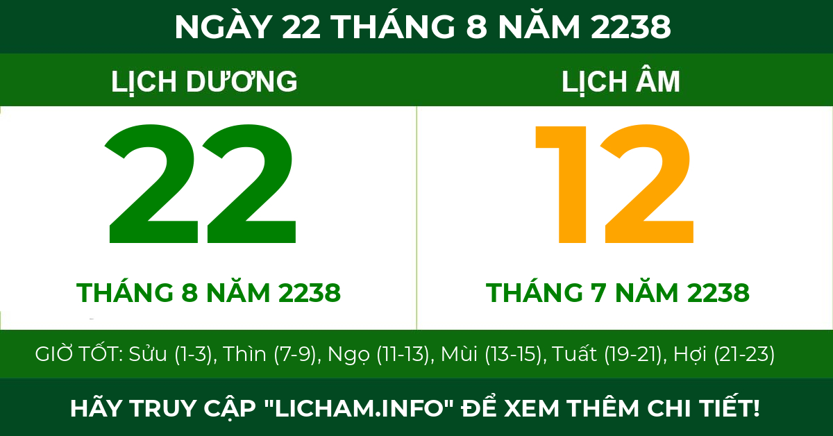 lịch âm ngày 22 tháng 8 năm 2238