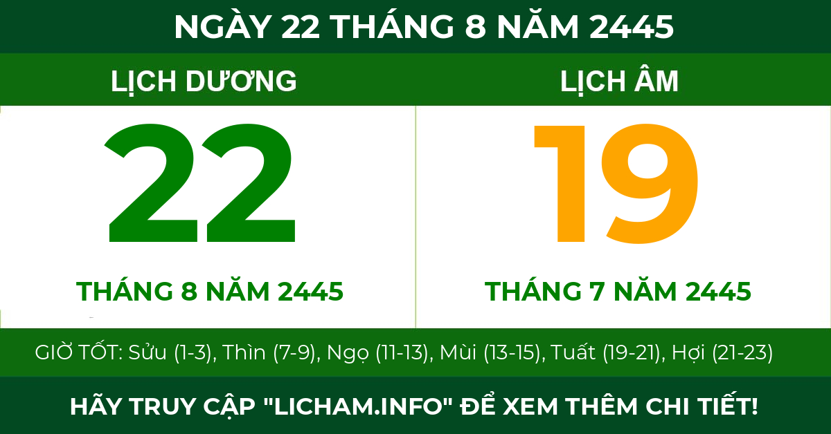 lịch âm ngày 22 tháng 8 năm 2445