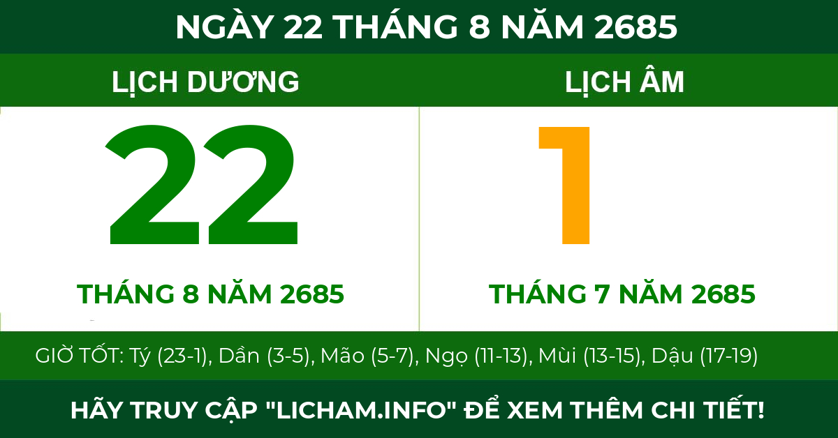 lịch âm ngày 22 tháng 8 năm 2685