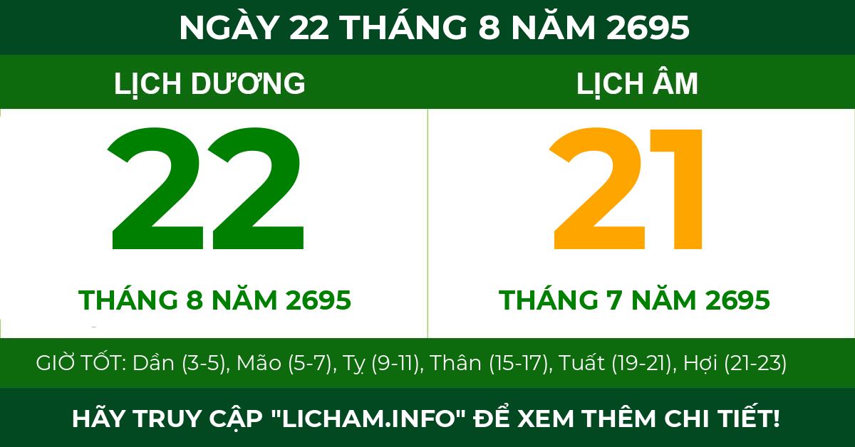lịch âm ngày 22 tháng 8 năm 2695