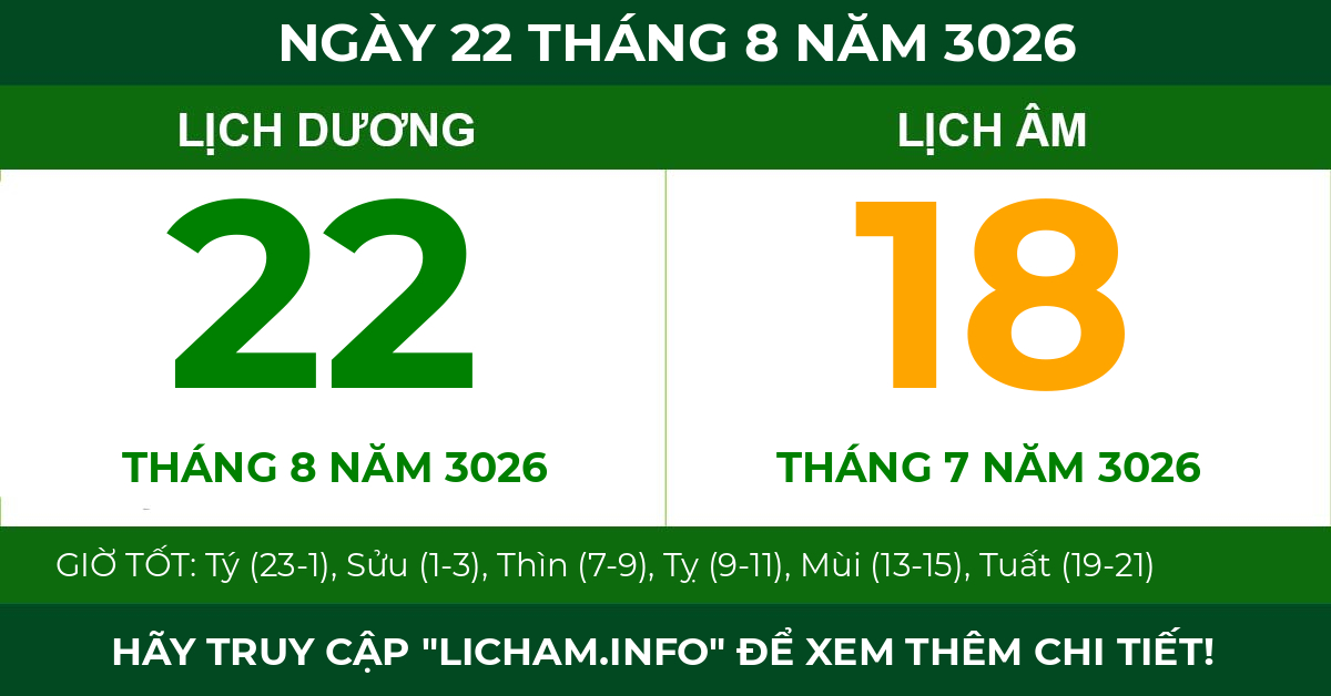 lịch âm ngày 22 tháng 8 năm 3026