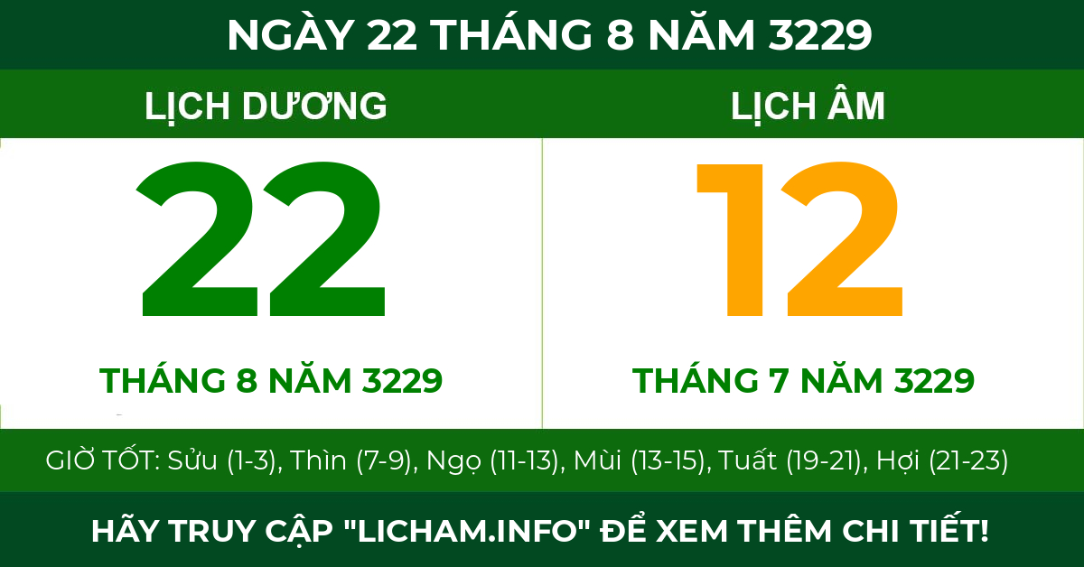 lịch âm ngày 22 tháng 8 năm 3229