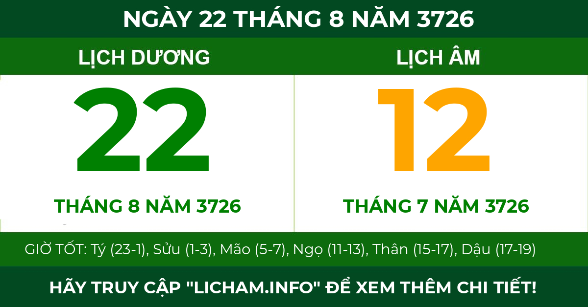 lịch âm ngày 22 tháng 8 năm 3726