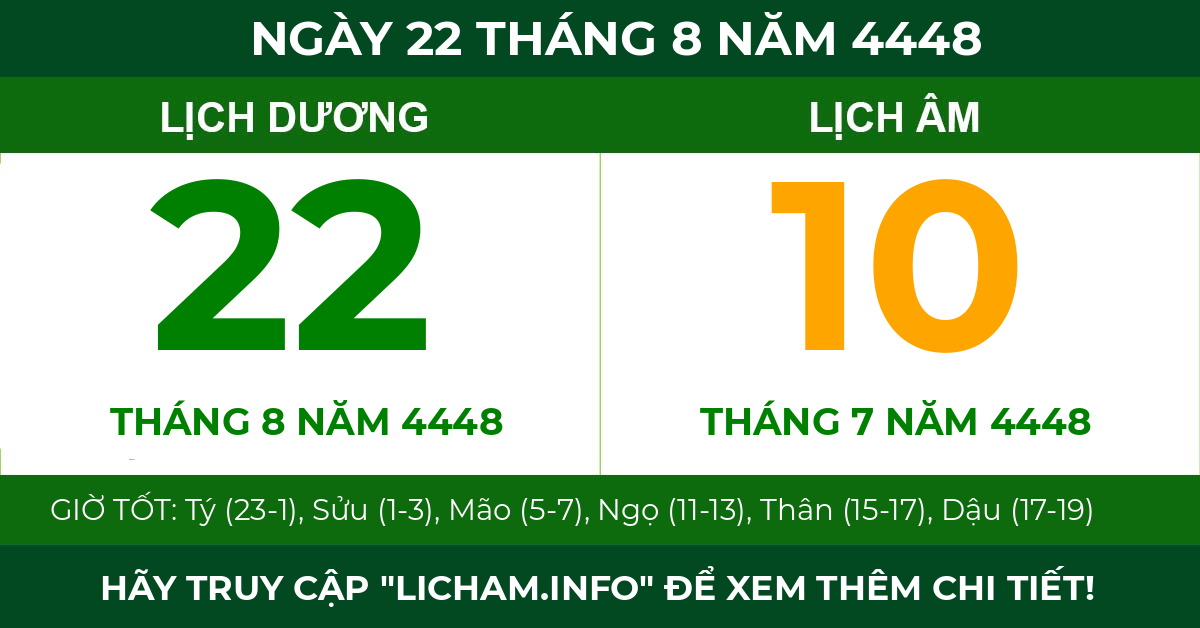 lịch âm ngày 22 tháng 8 năm 4448