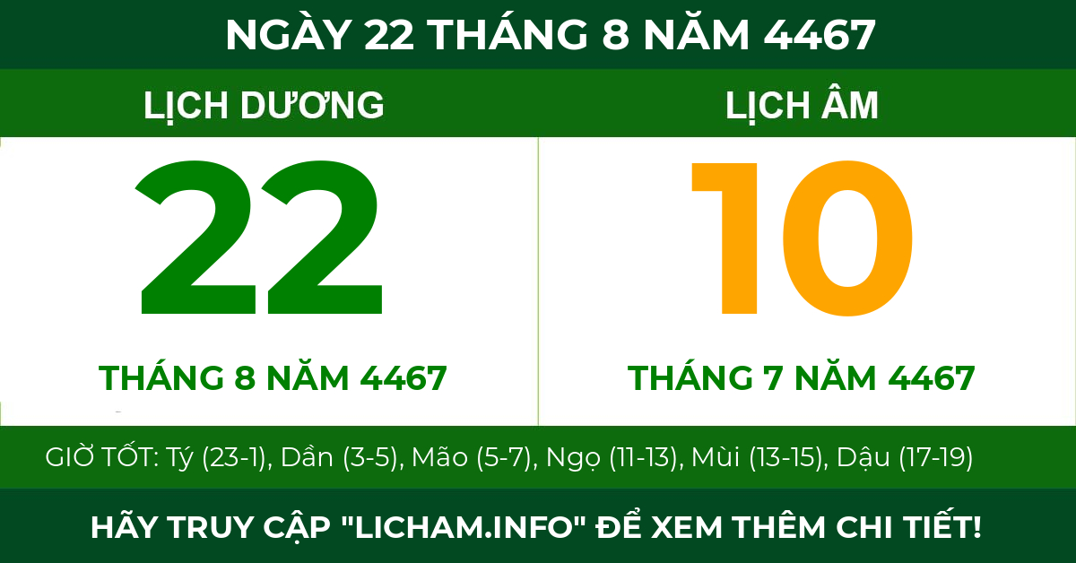 lịch âm ngày 22 tháng 8 năm 4467